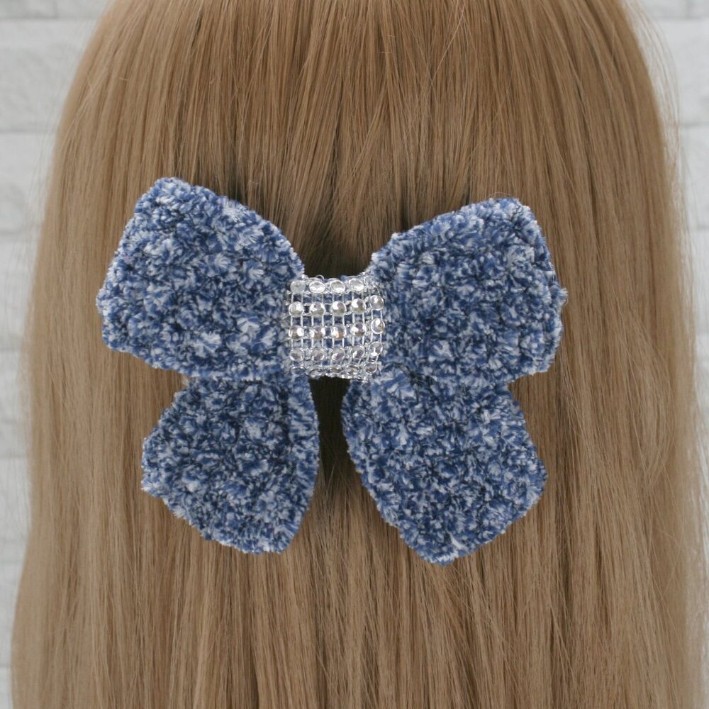 HAND CRAFTED Crochet Bow Chenille Velvet Hair Barrette Oversized Bling Blue